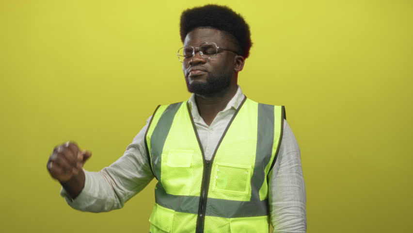 Man flexes arm wearing high visibility vest and rolled sleeves in studio with yellow wall and glasses; confidence.