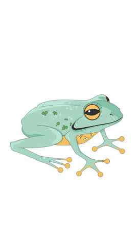 Green tree frog lo-fi 2D character vertical animation. Cute amphibian. Tropical creature. Jungle wildlife. Rainforest animal. Treefrog toad animated cartoon 4K video isolated on white transparent