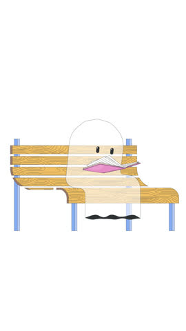 Lo-fi cute ghost reading book on wooden park bench 2D character vertical animation. Fantasy urban. Lofi leisure spirit flipping pages animated personage cartoon 4K video isolated on white transparent