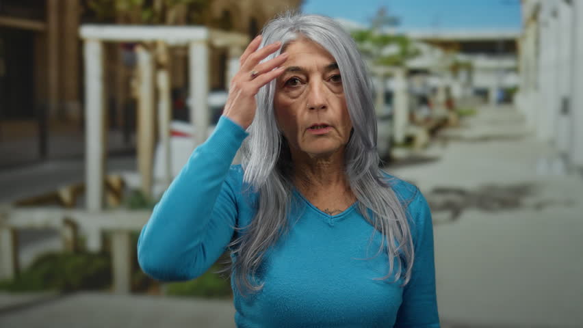 Senior woman with grey hair standing outdoors on a street, wearing a blue sweater, depicting an expressive moment amidst urban surroundings on a sunny day.