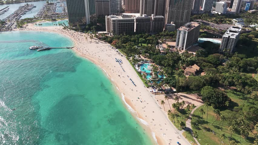 Aerial View of Honolulu, Hawaii USA, Waikiki Beach, Beachfront Buildings, Lagoon and Ala Wai Boat Harbor