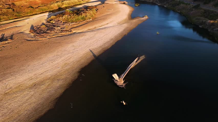 Aerial view of the Russian Gulch State Park with its contrasting golden sands and dark blue waters, Mendocino, California, United States.