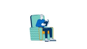 Senior man reading comfortably in armchair 2D character doodle animation. Grandfather retirement hobby. Caucasian grandpa turning book pages animated person on white. Cartoon 4K video drawing - Powered by Shutterstock - Get 15% off with code: PIKWIZARD15