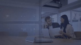 Transparent chart fading sparking data analysis, team opening laptop reviewing paper rotating HUD. Business collaboration, data visualization, corporate presentation, office technology, teamwork - Powered by Shutterstock - Get 15% off with code: PIKWIZARD15