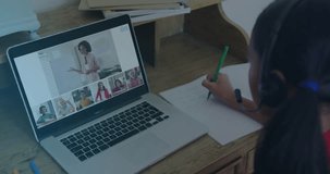Girl student opening laptop to join online class, writing notes as overlay pulsing then fading. Remote learning, digital education, e-learning, classroom technology, home study, virtual classroom - Powered by Shutterstock - Get 15% off with code: PIKWIZARD15