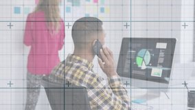 Woman reaching for sticky notes on business board while man discussing chart on phone for planning. Collaboration, teamwork, planning, strategy, workspace, analytics, organizational - Powered by Shutterstock - Get 15% off with code: PIKWIZARD15