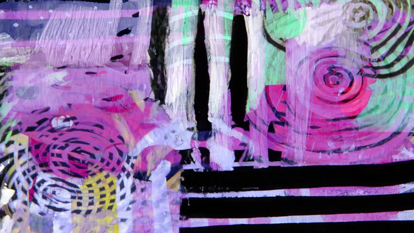 Analog collage abstract background lilac and teal paint, chalky whites and bold black stripes, hand-drawn marks, tape glitch feel, textured grunge loop