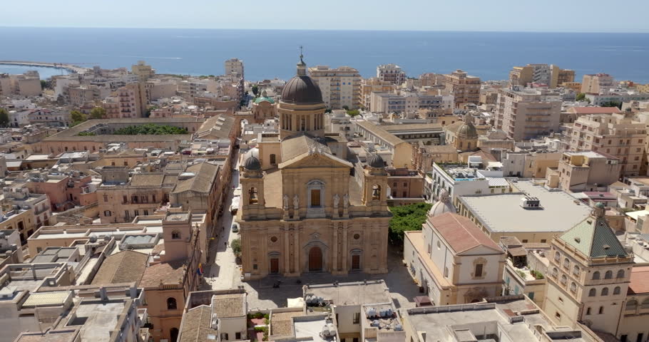 Aerial view of Marsala Cathedral, in province of Trapani, Sicily, Italy. It