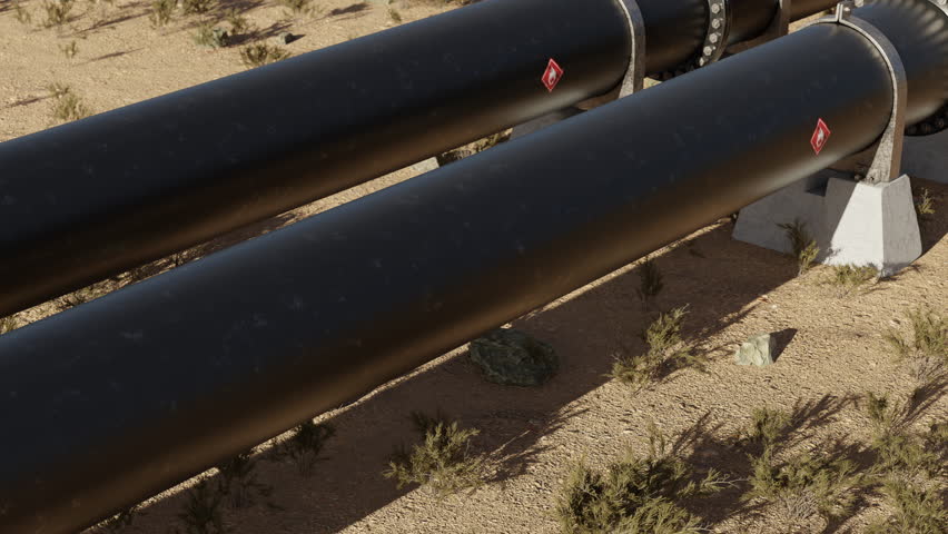 Metal oil pipeline in desert environment representing global energy trade and geopolitical tensions over resources. Loop animation, part of collection.