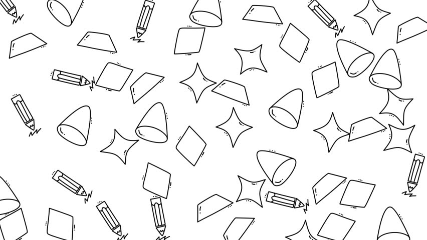 A playful animation of pencils and various geometric shapes like cones, trapezoids, and rhombuses floating and rotating on a bright white canvas Perfect for educational content and creative design