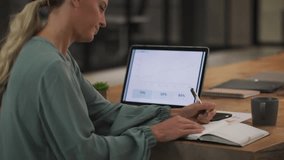 Woman noting notebook and glancing tech tablet charts initiating floating code overlay then fading. Productivity, data visualization, digital workspace, innovation, concentration, modern office, - Powered by Shutterstock - Get 15% off with code: PIKWIZARD15