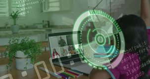 School-age girl joining online class on laptop, raising hand as teacher pointing and HUD pulsing. Digital learning, remote education, home study, virtual classroom, e-learning, student engagement, - Powered by Shutterstock - Get 15% off with code: PIKWIZARD15