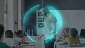 Male teacher gesturing at pupils and activating rotating holographic globe for geography lesson. Educator, learning, innovation, futuristic, classroom, interactivity, technology - Powered by Shutterstock - Get 15% off with code: PIKWIZARD15