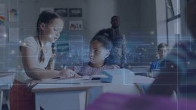 Standing girl tapping classroom textbook page activating data overlays and guiding classmate. Education, collaboration, learning, digital, classroom, youth, teaching - Powered by Shutterstock - Get 15% off with code: PIKWIZARD15