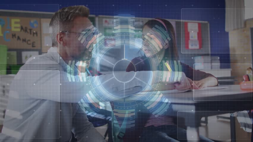 Teacher pointing at workbook, guiding student and activating rotating chart overlays for education. Mentorship, innovation, edtech, digital interface, instructional, concentration, collaboration - Powered by Shutterstock - Get 15% off with code: PIKWIZARD15