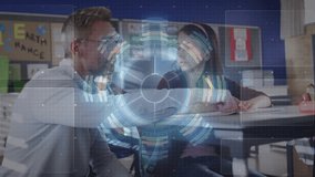 Teacher pointing at workbook, guiding student and activating rotating chart overlays for education. Mentorship, innovation, edtech, digital interface, instructional, concentration, collaboration - Powered by Shutterstock - Get 15% off with code: PIKWIZARD15