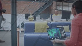 Man entering carrying coffee, joining colleagues for NFT collaboration as animated graphs appearing. Collaboration, technology, innovation, workspace, digital, communication, networking - Powered by Shutterstock - Get 15% off with code: PIKWIZARD15