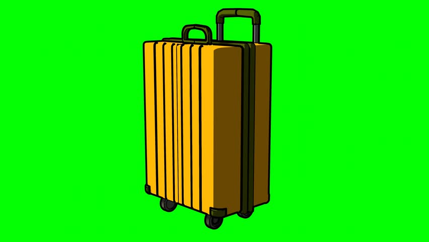 Colorful video vector illustration of a modern yellow suitcase with black handles and wheels, standing upright on a bright green background