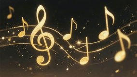A close-up view of golden musical notes and a treble clef floating against a dark, textured background. Thin, glowing golden lines represent musical staves, curving and weaving through the composition - Powered by Shutterstock - Get 15% off with code: PIKWIZARD15