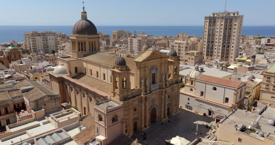 Aerial view of Marsala Cathedral, in province of Trapani, Sicily, Italy. It