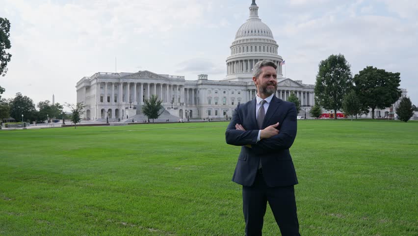Leadership and success. Successful political leader. Businessman front of US Capitol. Businessman in Washington DC. Politician at Capitol. Lobbyist man in suit. Politician election campaign