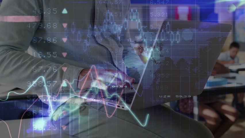 Teacher opening laptop and typing, activating holographic charts guiding student learning in class. Education, technology, innovation, data visualization, classroom, learning, digital - Powered by Shutterstock - Get 15% off with code: PIKWIZARD15