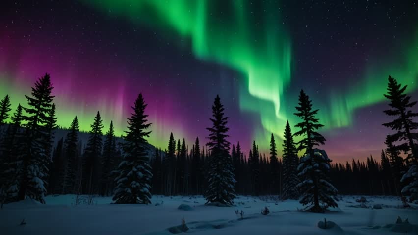 A stunning night featuring the colorful Aurora Borealis dancing above the snowy forest. Bright green and purple lights illuminate the dark night sky, creating a stunning sight.