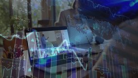 Mid-adult man typing on laptop causing financial charts overlaying meeting grid and analyzing data. Business, technology, analytics, teamwork, remote, finance, digital - Powered by Shutterstock - Get 15% off with code: PIKWIZARD15