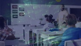 Teacher entering classroom and presenting VR headset while digital overlay inviting engagement. Educational, technology, innovation, classroom, interactive, digital, youth - Powered by Shutterstock - Get 15% off with code: PIKWIZARD15