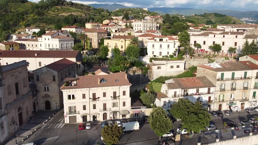 Scenic aerial view of the Old Town with the Crathis River and historic buildings in Cosenza, Calabria, Italy
