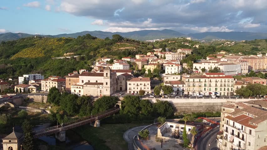 Scenic aerial view of the Old Town with the Busento River and historic buildings in Cosenza, Calabria, Italy