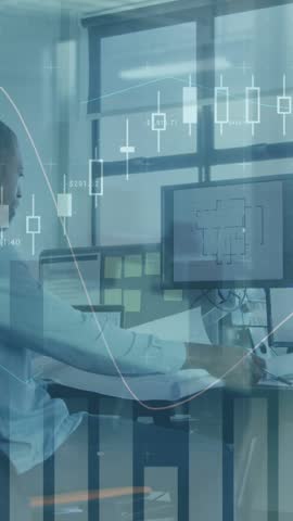 Animation of financial data processing over african amercian businessman in office. global business, finances and digital interface concept digitally generated video.