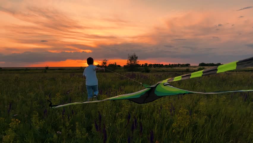 child boy running kite sunset, kid childhood dream happy family,silhouette outdoor play, Boy running with kite at sunset, Field of wildflowers and tall grass, Beautiful orange-pink sky, Peaceful