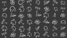 This seamless doodle pattern features hand drawn technology icons representing modern communication and networking concepts. Perfect for technology blogs digital marketing materials web backgrounds  - Powered by Shutterstock - Get 15% off with code: PIKWIZARD15