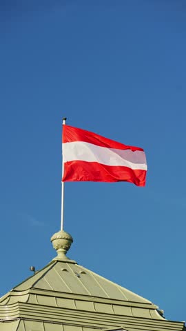 Waving National Flag of Austria against Blue Sky. Slow Motion. Vertical Video