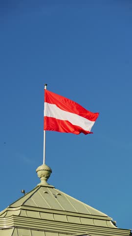Waving National Flag of Austria against Blue Sky. Slow Motion. Vertical Video