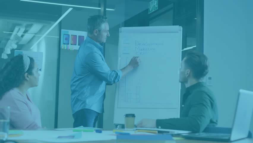 Presenter writing header and generating pins hearts bells as team looks on showing market trends. Collaboration, brainstorming, innovation, analytics, communication, corporate, modern - Powered by Shutterstock - Get 15% off with code: PIKWIZARD15