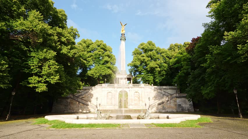 Angel of Peace Friedensengel Monument and Fountain on Summer Day. Munich, Bavaria, Germany
