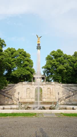Angel of Peace Friedensengel Monument and Fountain on Summer Day. Munich, Bavaria, Germany. Vertical Video