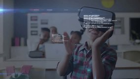 Child wearing VR headset raising hand as floating code forming holographic globe for STEM lesson. Futuristic, education, technology, innovation, interaction, learning, digital - Powered by Shutterstock - Get 15% off with code: PIKWIZARD15
