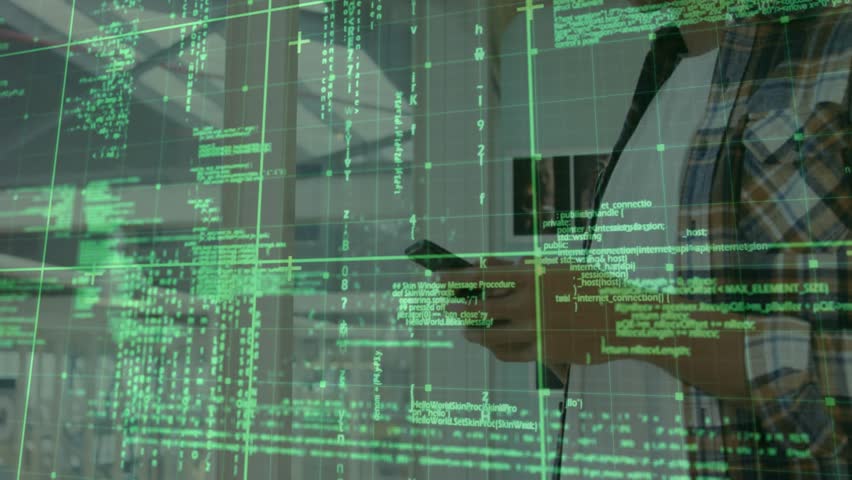 Programmer scrolling smartphone and causing code overlay on glass panel updating for reviewing code. Futuristic, technology, innovation, digital, cybersecurity, workspace, sleek - Powered by Shutterstock - Get 15% off with code: PIKWIZARD15