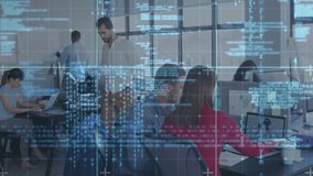 Code overlay pulsing and guiding software team pointing at laptop as standing man scrolling tablet. Collaboration, teamwork, technology, data, innovation, professional, modern - Powered by Shutterstock - Get 15% off with code: PIKWIZARD15