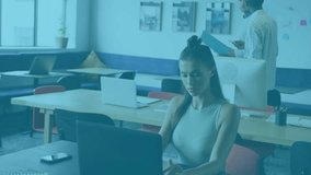 teen typing on laptop receiving marketing icons while team reviewing charts walking out planning ad. Collaboration, technology, workspace, productivity, innovation, teamwork, business - Powered by Shutterstock - Get 15% off with code: PIKWIZARD15