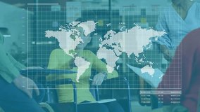 Business colleagues tapping tablet, activating transparent world map, graph animating data flow. Collaboration, teamwork, data visualization, global connectivity, professional discussion - Powered by Shutterstock - Get 15% off with code: PIKWIZARD15