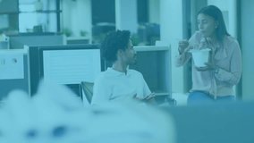 Two coworkers eating lunch in office causing social media notification icons multiplying onscreen. Collaboration, communication, engagement, networking, productivity, modern, vibrant - Powered by Shutterstock - Get 15% off with code: PIKWIZARD15