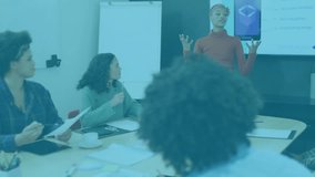 Presenter gesturing at screen in business meeting, activating line graph into bar-chart global map. Corporate, teamwork, analysis, analytics, data visualization, seminar, professional - Powered by Shutterstock - Get 15% off with code: PIKWIZARD15