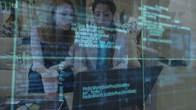 Two women software team activating laptop and navigating code overlay spotting bug and entering fix. Collaboration, innovation, technology, teamwork, modern, professional, digital - Powered by Shutterstock - Get 15% off with code: PIKWIZARD15