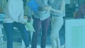 Colleagues tapping tablet and analyzing business data, revealing line graph and world map overlays. Collaboration, teamwork, analytics, digital, modern, professionalism, cognition - Powered by Shutterstock - Get 15% off with code: PIKWIZARD15