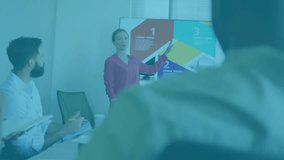 Presenter starting business talk at chart alerts multiplying until colleague arriving for handshake. Collaboration, teamwork, business, analytics, engagement, professional, communication - Powered by Shutterstock - Get 15% off with code: PIKWIZARD15