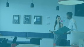 colleagues with folder and smartphone pausing near laptop causing icons dispersing for marketing. Collaboration, analytics, digital, office, teamwork, innovation, communication - Powered by Shutterstock - Get 15% off with code: PIKWIZARD15